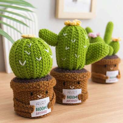 Knitted Cactus Plush Potted Plants Handmade Crochet Lifelike Plant Desktop Ornaments For Home Room Decor