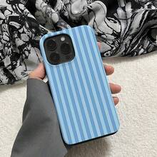 1 Unique 360 ° Blue Stripe Printed Phone Case - Cute And Minimalist 2-In-1 Design, Anti-Drop And Shock-Proof Full Coverage, Compatible With IPhone 16 Pro Max/16 Pro/16 Plus/16/15/14/13/12/11. Stylish And Cute - Ideal For Holiday Gifts - 藍色條紋 - 查看 3