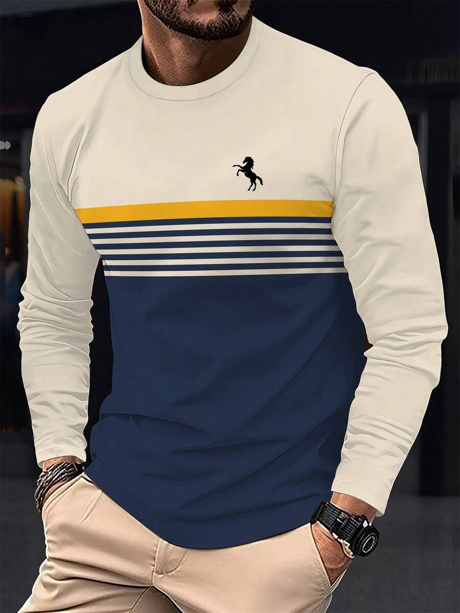 100%涤纶条纹长袖T恤-男士休闲常规版型微弹-圆领长袖T恤 - 彩色 - 查看 1
