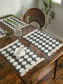 1 khăn trải bàn kiểu Mỹ, họa tiết kẻ caro đen trắng, thiết kế tua rua dệt tay, đa năng cho ăn uống, tiệc tùng, dã ngoại, đạo cụ chụp ảnh, trang trí không gian, phong cách châu Âu - Đen và trắng - Xem 9
