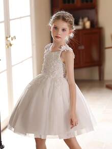 少女白色蕾丝刺绣薄纱花童婚纱 - 白色 - 查看 3