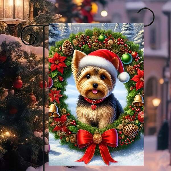 1pc Merry Christmas Garden Flag 12 X 18 Inch Double Sided Funny Yorkshire Terrier Garden Flag With Santa Hat Yard Exterior Decoration Banner Holiday Seasonal Yard Flag