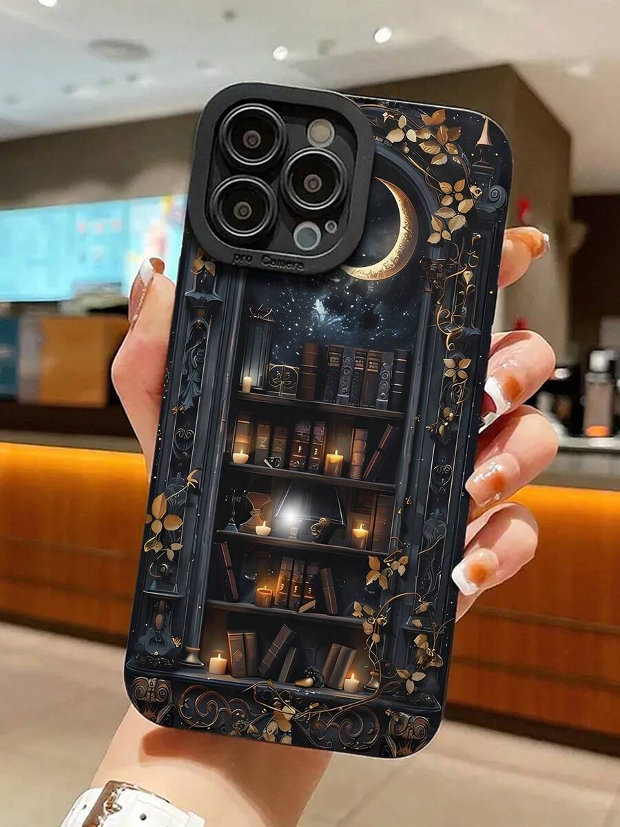 穿孔直边魔术书柜月亮图案彩绘防摔手机壳，兼容 17/17Air/17Pro/17ProMax/16/16Pro/16Plus/16ProMax/15/14ProMax/13 卡通P11彩绘P12防摔XR卡通78GES2手机壳XS，兼容三星S25/S25Plus/S25Ultra/S24 A03s、A04、A12、A13、A14、A21s、A22、A23、A24、A32、A33A34、A5 A51A52、A53、A54、A71、A72、A73、S20FE、S21 - 彩色 - 查看 1