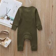 Newborn Baby Boy Girl Knitted Rib Romper Infant One Piece Jumpsuit Cotton Solid Long Sleeve  Bodysuit Basic Coming Home Outfits - xanh quân đội - Xem 2