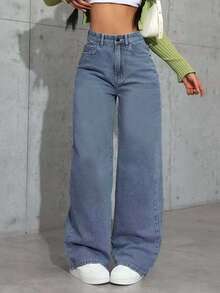 Pantalones Larga Duración y Suelta Mezclilla Anchas Jeans Piernas Anchas Talla Grande para Mujer Azul Claro Cintura Alta Elásticos - Gris - Ver 5