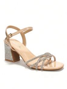 RevReaL Crystal-Strapped Block-Heel Sandals - Dance-Floor Ready, Bohemian Party - Beige - View 2