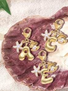 Gold Bubble Letter Cute Necklace Pendant Bag Charm - Lucky Crystal Pendant Decorated With Natural Seashell And Starfish Accessories, Letter A-Z, Essential Beach Outfit Accessory, Bohemian Vintage Style - Multicolor - View 7
