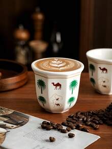 半套沙漠骆驼棕榈树陶瓷咖啡杯，180毫升/250毫升 - 可重复使用，浓缩咖啡杯，适合聚会和特殊场合，沙漠主题礼品，沙漠装饰 | 沙漠主题装饰，耐用陶瓷杯，沙特国庆日礼品，节日礼品，适合下午茶、办公室、聚会、餐厅、咖啡馆、露营和斋月礼品 - 手握杯 - 查看 6