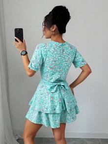 Vestido corto mujer estampado floral y plantas manga corta escote v verano casual día cordon ajustable bajo capas casual vacaciones primavera verano calle fiesta desayuno jardín calor - Azul - Ver 4