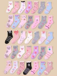 20 Pairs Girls' Cartoon Pattern Comfortable Mid-Calf Socks, Rabbit/Bear Designs, Lace Trim, Assorted Styles, Suitable For Daily Wear - Multicolor - View 4