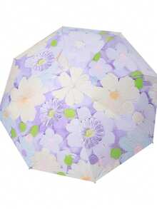 1pc Automatic Folding Umbrella With Floral Oil Painting Design, Black Coating UV Protection, Suitable For Sunny And Rainy Days