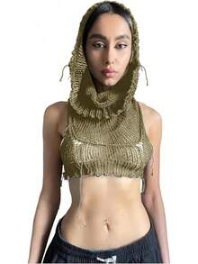 Women Knitted Hoodie Sweater Vest Sleeveless Hollow Out Hooded Crop Top Streetwear Rave Oufit - 橄欖綠 - 查看 2