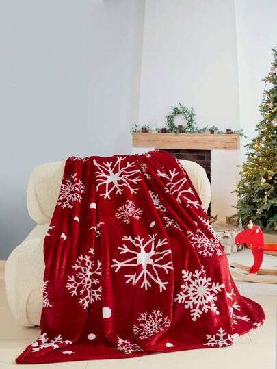 1pc Red Snowflake Print Blanket, Living Room Sofa Throw, Shawl Blanket, Soft Warm Milk Plush Faux Fur Blanket, Travel Blanket, Bed Blanket, Leisure Blanket, Shawl Blanket, Suitable For Living Room Sofa Blanket And Bedroom Dorm Balcony Decoration, Bedding Furniture Decoration Bed Blanket & Towel Quilt Bed Cover, Back To School Season; School Supplies, Dorm Bedding