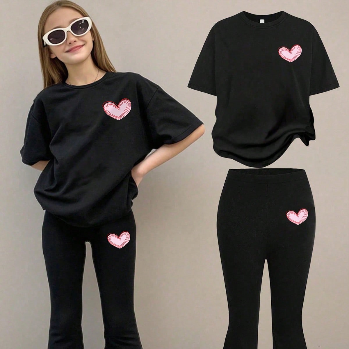Set de 2 piezas de blusa de manga corta con estampado de moño y pantalones acampanados para niña adolescente, para primavera/verano