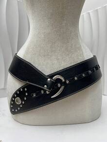 1 件纯色朋克街头 PU 皮革重型铆钉弯钩水钻链腰带，Y2K American Baddie 时尚朋克复古风格女式腰带，可搭配裙子和裤子
