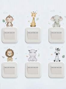 6pcs/Set Stiker Saklar Kartun Monyet, Jerapah, Gajah, Singa, Kuda Nil, Zebra, Stiker Dinding Dekorasi Rumah untuk Kamar Anak - MultiWarna - View 2