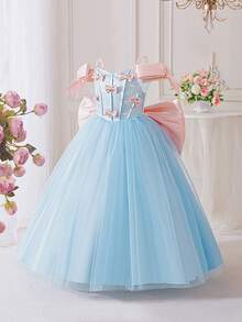 Tween Girls' Oversized Bow Strap Wedding Party Elegant Bridesmaid Birthday Banquet Dress, Off-Shoulder Princess Beauty Pageant Performance Ball Gown - 藍色 - 查看 4