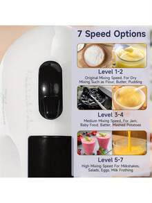 7-Speed Electric Hand Mixer - Powerful Motor With Dough Hooks & Whisks| Auto Shut-Off, Compact & Easy Clean| Ideal For Baking, Baby Food & Home/Kids Cooking - 白色 - 查看 6