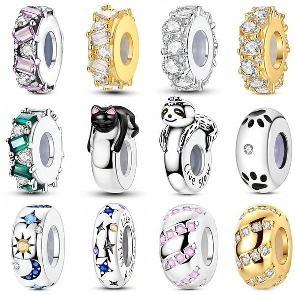 1 pieza Espaciador de diseño original plateado en dorado con colgante de perezoso, gato, circonita brillante y tope de silicona, adecuado para pulsera, collar, manualidades de joyería, cuentas y accesorios de joyería para mujeres