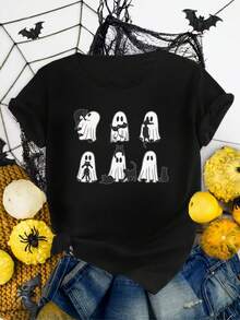 Mujer Camiseta de mujer México Envío Día de Muertos  Estampado de  Lavado a máquina Fresco Deportes Cuello redondo Casual Manga corta Versátil Nueva Era  Lavable a máquina, top casual de cuello redondo de deportes de trabajo estudiantil, moda cómoda y moderna |vestidos de mujer verano almacen localCamisa de  negra con diseños de fantasmas y gatos negros para Halloween, cómoda y estilosa - Negro - Ver 1