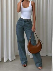 复古蓝色宽松阔腿牛仔裤，女款，新款春夏宽松直筒裤，适合春夏、度假、节日等休闲场合穿着。 - 中等水洗藍 - 查看 11