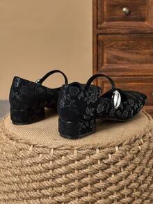 MonaNise 女士3厘米布面包跟黑色时尚百搭玛丽珍低跟粗跟优雅平底鞋，另有藏蓝色、咖啡色、酒红色可选 - 黑色 - 查看 6