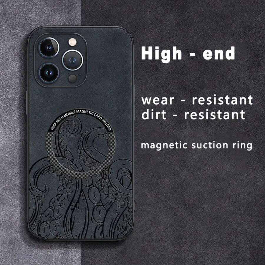 Diseño de pulpo. Funda magnética para teléfono con textura de piel sintética de oveja. Compatible con los modelos 12 al 16 Plus, Pro y Pro. Una opción elegante y de alta calidad, ideal para regalar. - Colores mixtos 2 - Ver 1