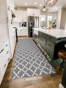 【摩洛哥格纹长条地垫】柔软质感聚丙烯摩洛哥格纹长条地垫 - 防滑、机洗、优雅黑白设计 - 适用于浴室、走廊、厨房、玄关等场所，是浴室厨房装饰的理想之选。