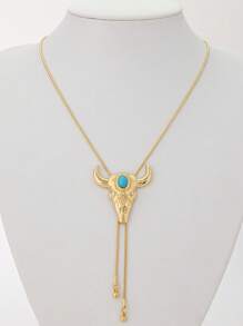 1pc Western Cowboy Style Turquoise Adjustable Snake Chain Necklace With Bull Head Pendant, Unisex - Necklace - View 15