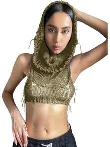 Women Knitted Hoodie Sweater Vest Sleeveless Hollow Out Hooded Crop Top Streetwear Rave Oufit - 橄欖綠 - 查看 6