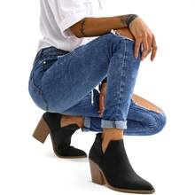 Women's Slip-On Ankle Boots – Cutout Pointed Toe Chunky Mid Heel Booties For Casual, Work & Daily Wear - Black Nubuck - View 2