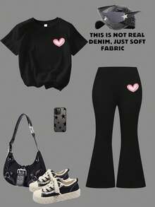 2pcs/Set Teen Girl Butterfly Print Short Sleeve T-Shirt And Flare Pants Outfit, Spring/Summer - Black - View 2