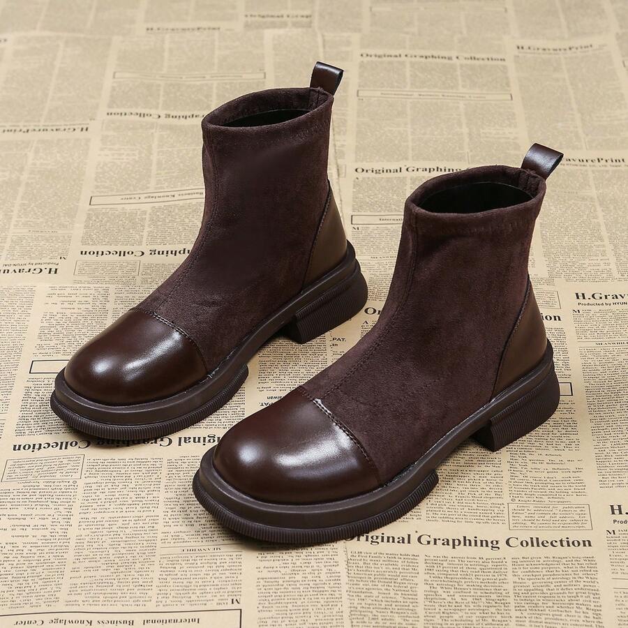 时尚秋冬新款针织拼接踝靴，时尚踝靴，修身靴，女士靴子 - 棕色 - 查看 1