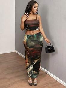 Halloween Clothes For Women Women's 2 Piece Outfits Summer Tie Dye Crop Top Asymmetric Slit Skirt Set Sexy - Multicolor - View 3