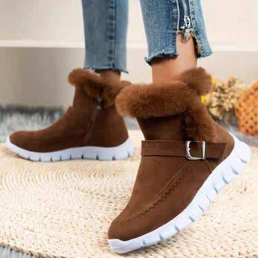 Women's Winter Snow Boots, Fashionable Fleece Sneakers, Black High-Top Sneakers - màu nâu - Xem 1