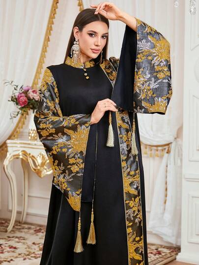 Women's Ramadan Abaya Dress, Mandarin Collar Jacquard Patchwork Solid Color Long Sleeve Dress, Suitable For Formal Occasions, Casual Daily Wear, And Home Gatherings