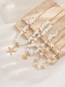 3pcs/Set Bohemian Beach Vacation Style Personalized Necklace Set, Including Random Gemstone, CCB Faux Pearl, Starfish And Shell Pendant Necklaces, Suitable For Women Beach Vacation Outfit - Gold - View 4