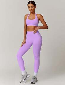 Workout Sets For Women Seamless Scunch Butt Lifting Impact Leggings Halter Sports Bra 2 Piece Gym Outfits - Câu cá Longline Red - Xem 9