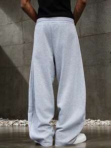 Men's Loose Wide Leg Pants, Solid Color Design With Drawstring Details, Casual Style Long Sweatpants Suitable For Daily Wear, Jogging And Other Occasions, Versatile Item For Spring And Autumn Seasons