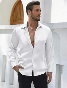 Mens Silk Satin Shirts Long Sleeve Button Down Loose Fit Dress Shirt Luxury Party Prom Wedding Shirtshalloween - 白色 - 查看 9