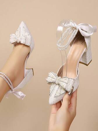 Jesień/zima 2025 Eleganckie białe sztuczne perły – zdobione kokardką, spiczaste – buty na grubym obcasie z noskiem – stylowe i szykowne na specjalne okazje, eleganckie, damskie czółenka, eleganckie, na imprezę