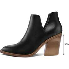 Women's Slip-On Ankle Boots – Cutout Pointed Toe Chunky Mid Heel Booties For Casual, Work & Daily Wear - 黑浦 - 查看 6