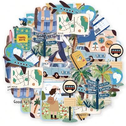 30pcs Outdoor Decorative Stickers Including Coconut Tree, Airplane, Travel Bag, Suitable For Scrapbooking, Albums, Luggage, Office Computers, School Notebooks, Pencil Cases, School Supplies, Party Decorations, Student Stationery