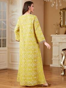 Women's Robe, Islamic Dubai Dignified Embroidered Luxurious Fashion Long Robe, Abaya Dress, Round Neck Arabic Robe Spring - Yellow - View 3