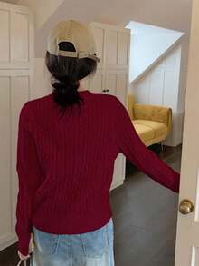 韩版优雅纹理圆领女式长袖刺绣套头毛衣