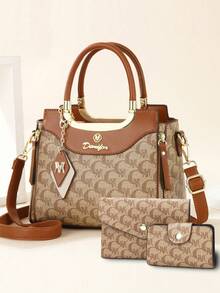 新款时尚高端印花母女包三件套女士手提包 - 棕色 - 查看 8