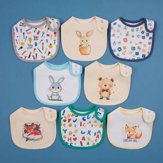 Set de 8 baberos impermeables y ajustables con estampado de animales de dibujos animados lindos, adecuados para primavera, verano, otoño e invierno, para niños y niñas