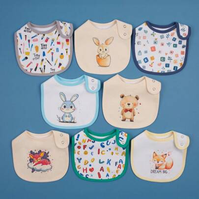 8pcs/Set Cute Cartoon Animal Print Waterproof Adjustable Snap Bibs For Baby Boys And Girls, Suitable For Spring, Summer, Autumn And Winter