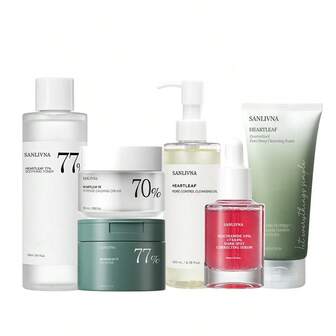 Houttuynia Cordata 6-Piece Set Cleansing Oil&Face Cleanser&Facial Toner&Cleansing Cotton Pads&Facial Serum&Face Cream,Moisture Repair Exfoliation,Soothing & Repairing Skin Care Set,For All Skin Types,More Suitable For Sensitive Skin