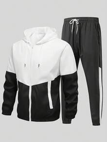 2pcs Set, Men's Hooded Casual Sports Suit - Versatile Jacket Long-Sleeved Top + Sports Pants, Breathable And Comfortable Drawstring Stretch Pants, Machine Washable - Ideal Travel Choice For Spring And Autumn, Outdoor, Blended - Trắng và đen - Xem 3